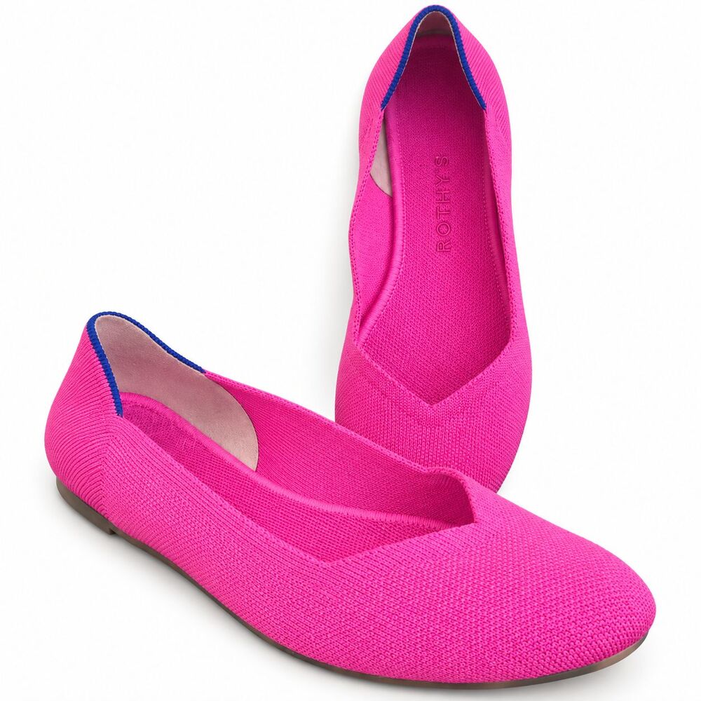 Rothys Hot Pink Knit Ballet Flats Preppy Slip On Shoes Womens Size 7.5